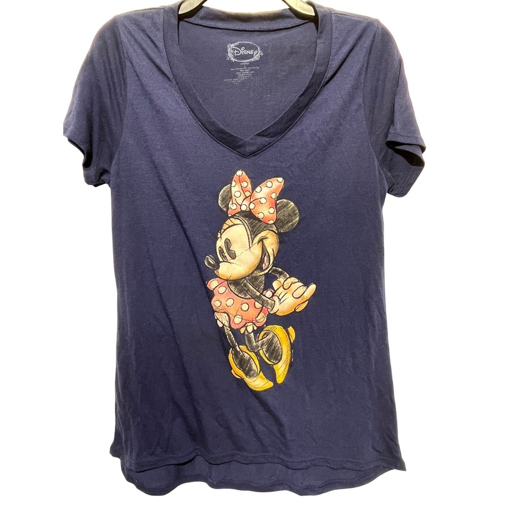 Disney Minnie Mouse Graphic V-Neck T-Shirt Navy Blue Large JT1674